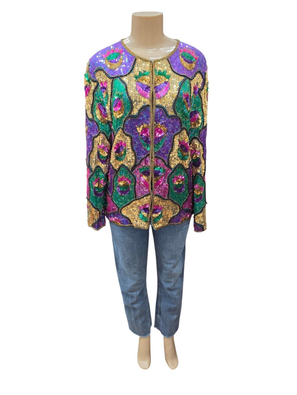 VTG RINA Z Beaded Sequin Jacket Multicolor Silk Women's Size M Art Boho Deco